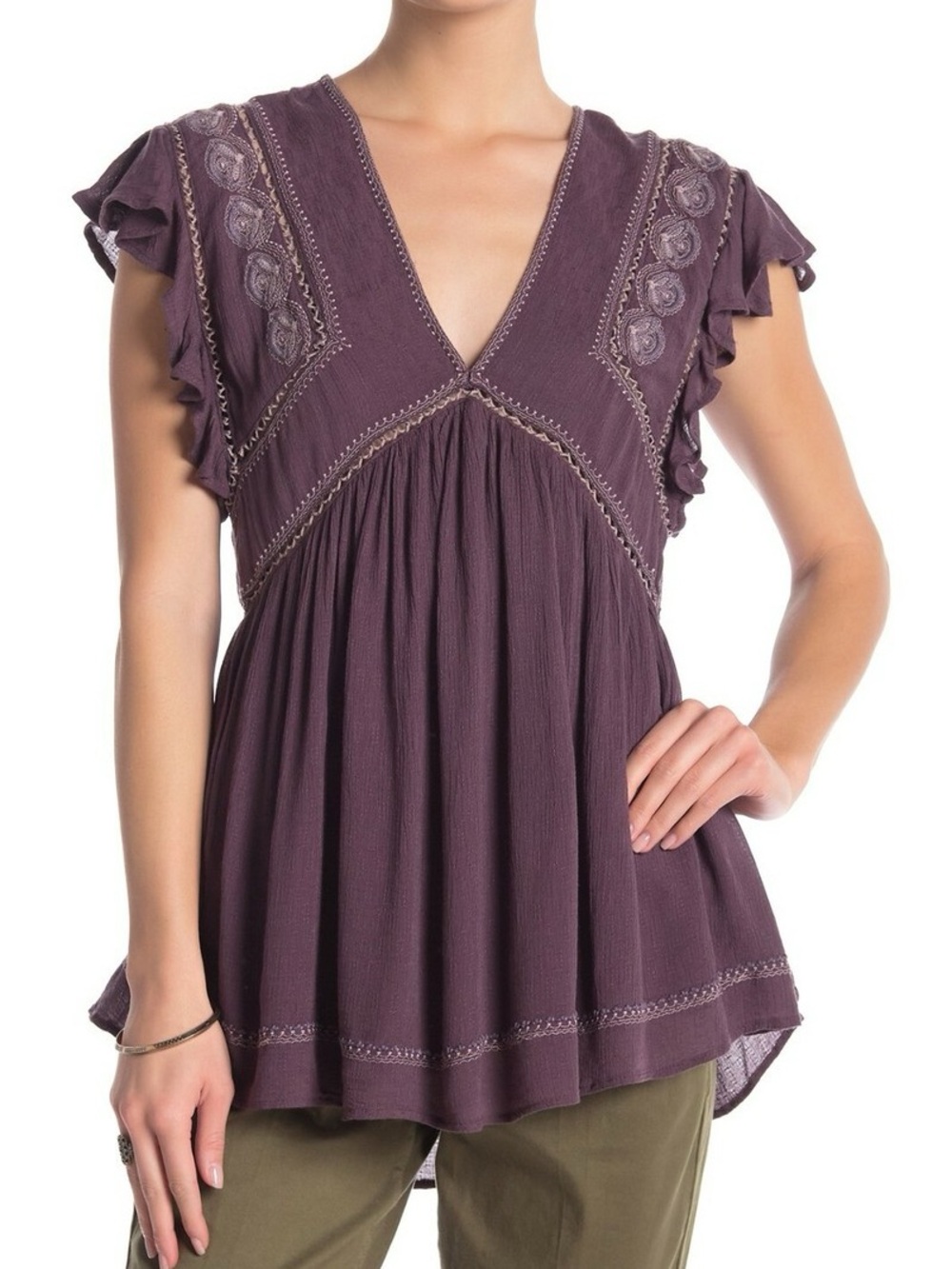 Free People Plum Boho V-Neck Embroidered Flutter Sleeve Tunic